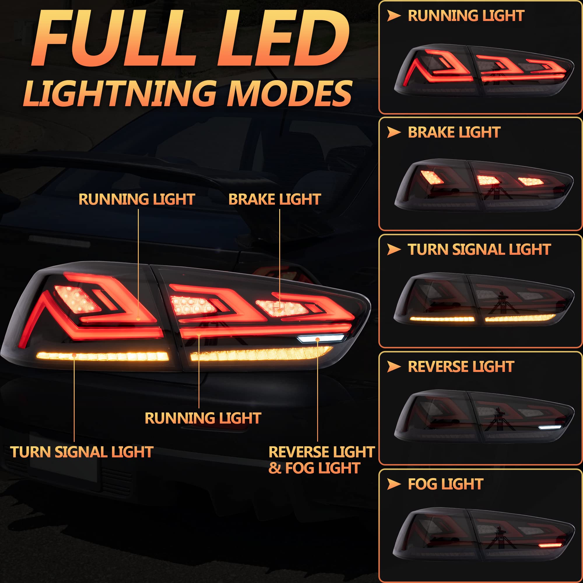 VLAND LED Rear Lights compatible with Lancer & EVO X 2008-2020 (Not Fit fortis/io), w/Sequential indicator, Driver & Passenger Side (Smoked dynamic 2)