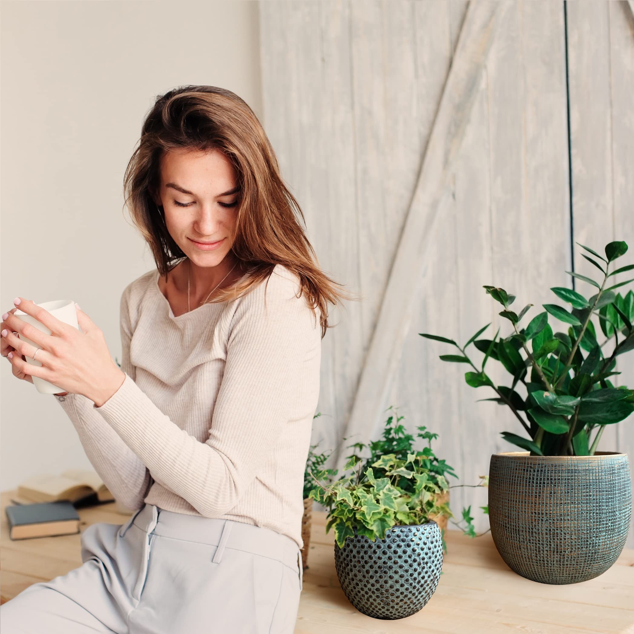 Ceramic Green Gold Plant Pot Set 2-17 and 14cm Teal Gold Indoor Planters Cement Outdoor Flower Pots