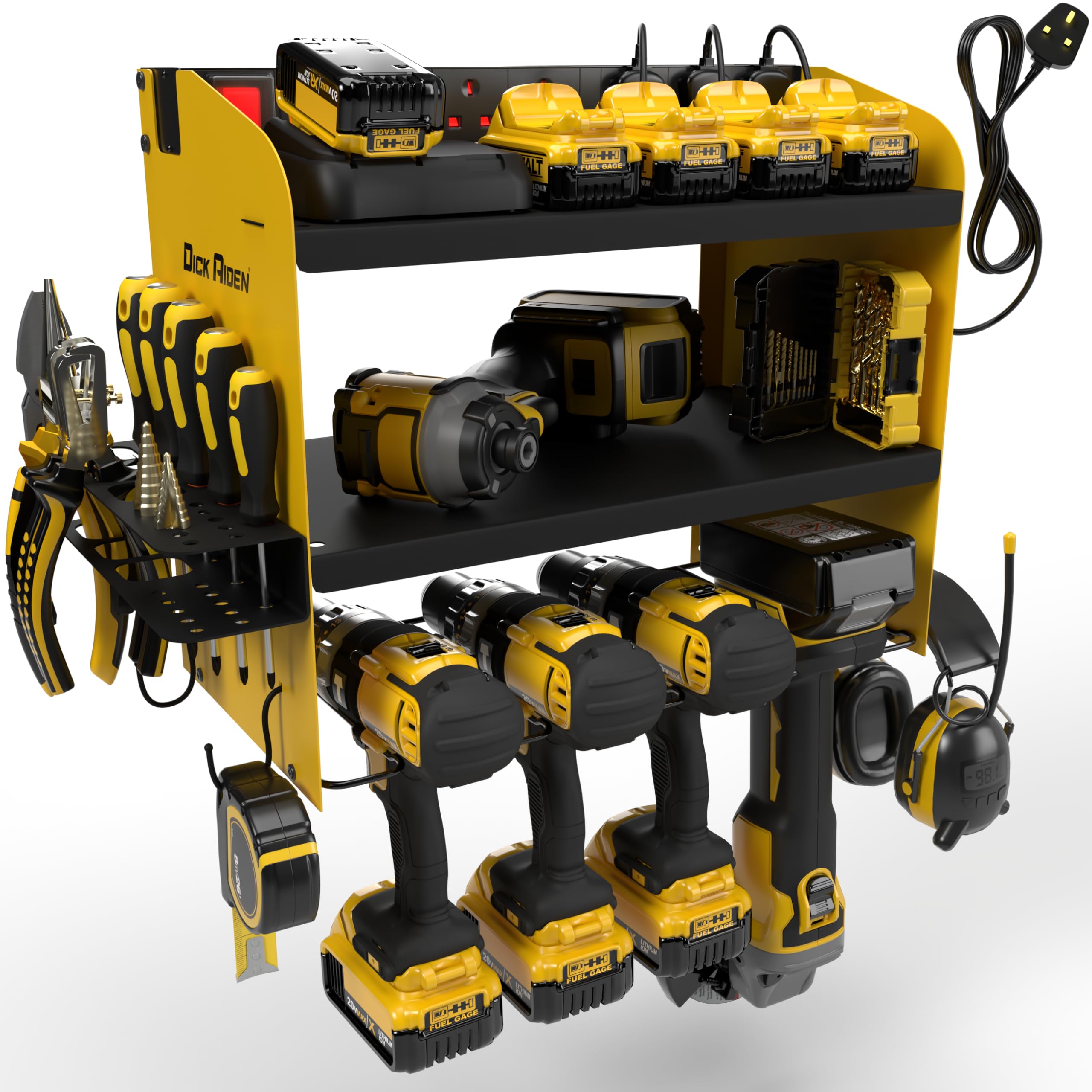Toolganize Power Tool Organiser, Storage Rack with Power Strip Charging Station, Heavy-Duty for Workshop & Garage Tools - 4 Slot, Milwaukee Red.
