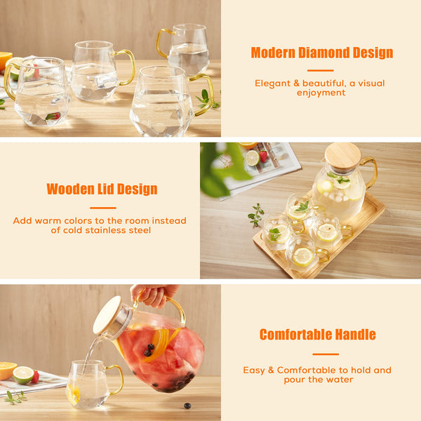 DUJUST Water Jug with 4 Cups, 1 Tray, Elegant Diamond Design Glass Jug with Handle, Decoration for Room, High Durability Pitcher Carafe for Ice Tea