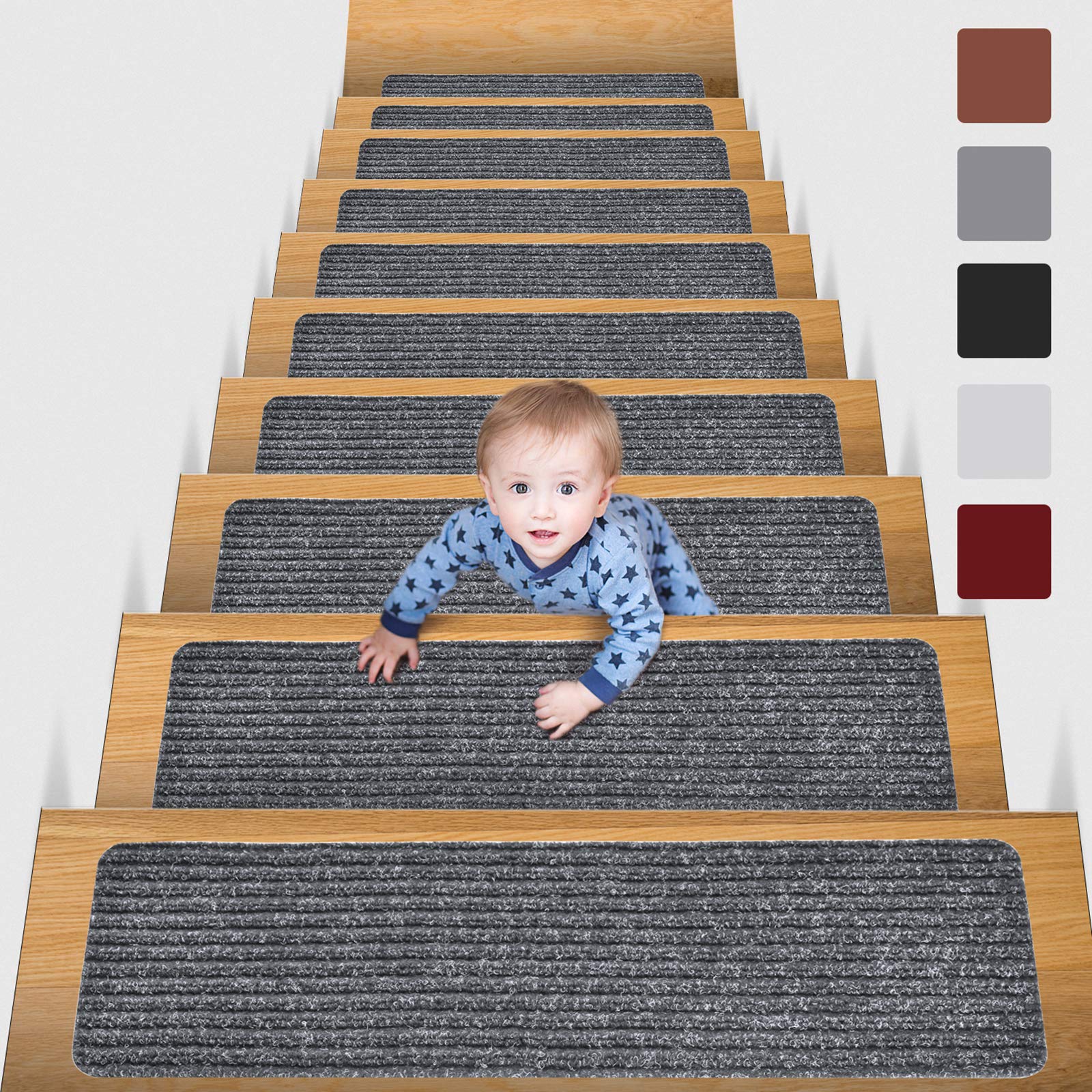 MBIGM 8" X 25.6" (15 Pack) Non Slip Carpet Stair Treads Non Skid Safety Rug Slip Resistant Indoor Runner for Kids Elders and Pets with Reusable
