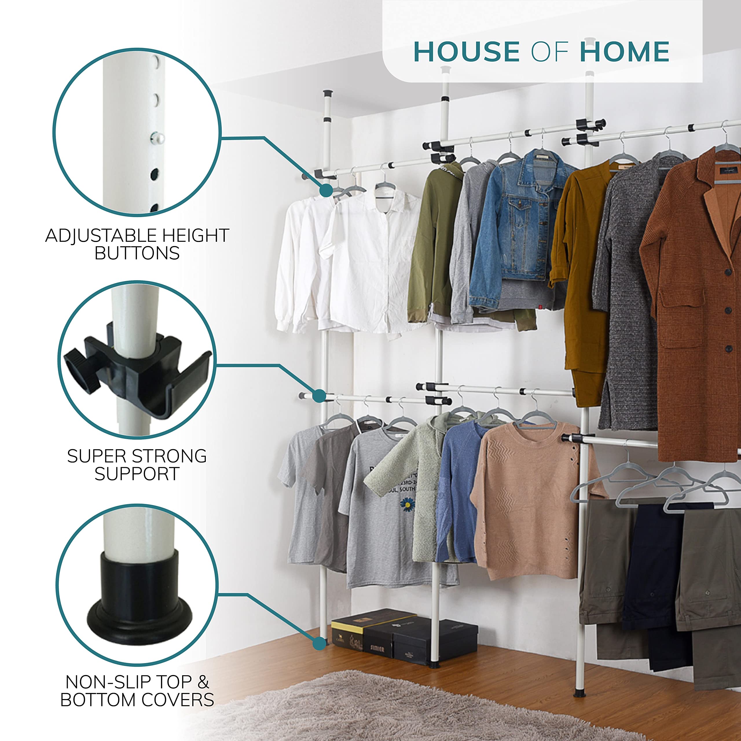 House of Home Heavy Duty Triple Telescopic Clothes Rail - Rail Wardrobe Replacement Adjustable Shelving Rack Clothes Storage & Organiser for Shirts,