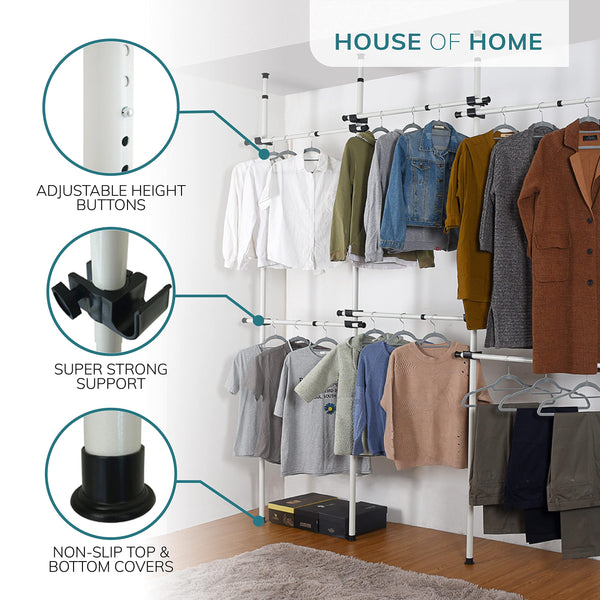 House of Home Heavy Duty Triple Telescopic Clothes Rail - Rail Wardrobe Replacement Adjustable Shelving Rack Clothes Storage & Organiser for Shirts,
