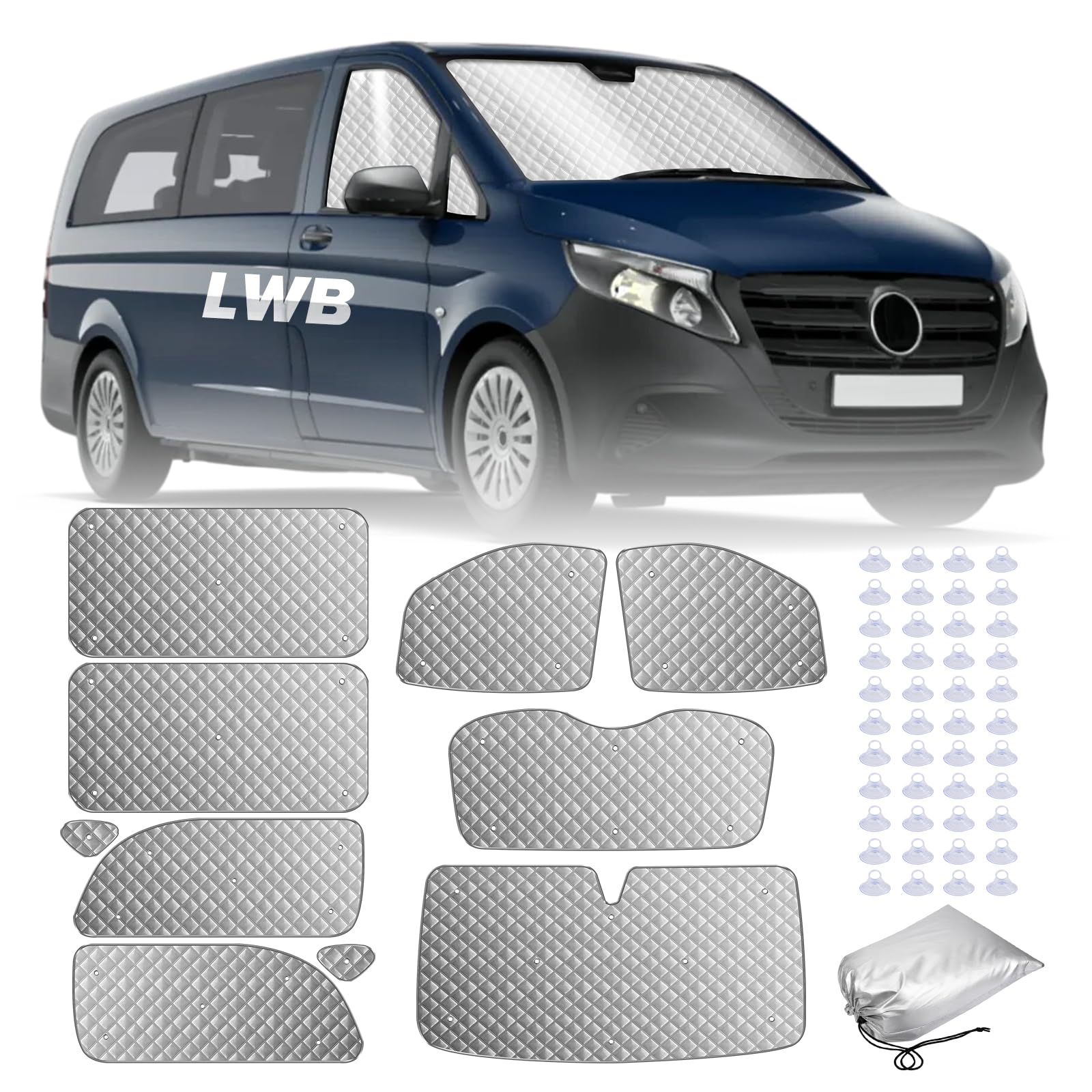 MaxAwe 8Pcs Internal Thermal Blind Set Fits for VW T5/T6 LWB, Luxury Sunshade Wrap Cover Kit, Window Front Screen Cover, Summer Uv Sun Blind & Winter Insulation Cover for VW Campervans & Motorhome