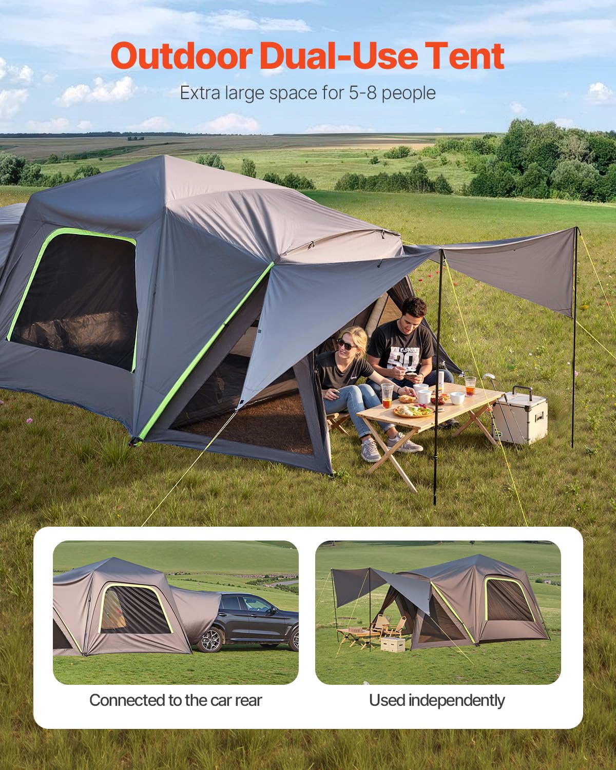 VEVOR Waterproof PU2000mm Spacious Double Layer Design, SUV Camping Tent with Shade Awning and Mesh Windows, Includes Rainfly and Storage Bag