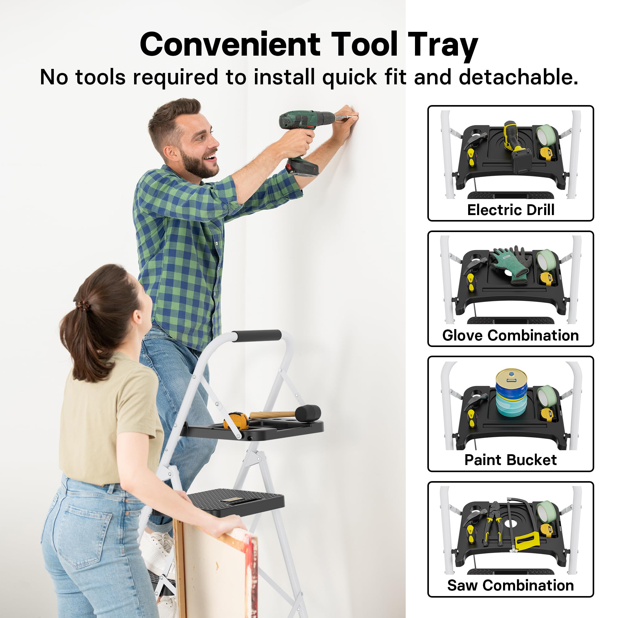 BONTEC 4 Step Ladder Folding, Heavy Duty Foldable Step Stool with Wide Anti-Slip Pedals, Sponge Handrail and Tool Tray, Portable Household Ladder 150kg Capacity, Compact Collapsible Indoor Ladder