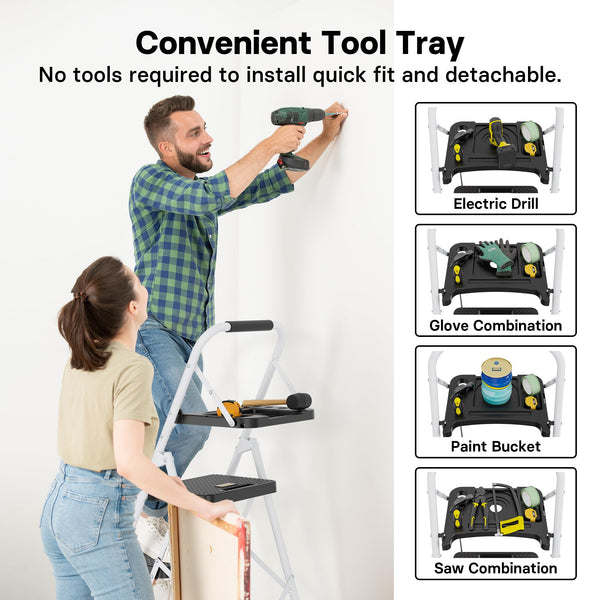 BONTEC 4 Step Ladder Folding, Heavy Duty Foldable Step Stool with Wide Anti-Slip Pedals, Sponge Handrail and Tool Tray, Portable Household Ladder 150kg Capacity, Compact Collapsible Indoor Ladder