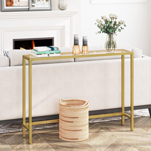 HOOBRO Gold Console Table for Hallway Slim, 100 cm Tempered Glass Sofa Table, Slim Hallway Table, Glass Console Table, Modern Display Table for Living
