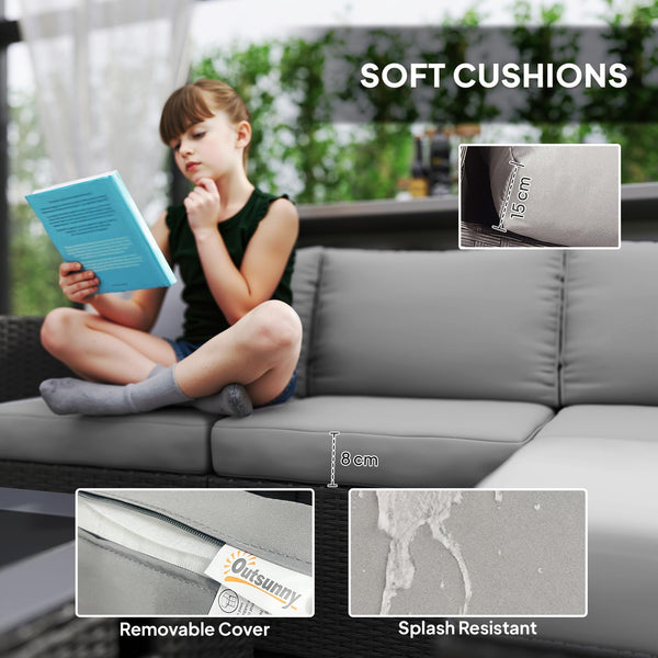 Outsunny 5 Piece Rattan Garden Furniture Set with Gas Fire Pit Table, 4 Seater Outdoor Sectional Sofa Set with Footstool and Removable Cushions, Modular Combination, Brown and Cream White