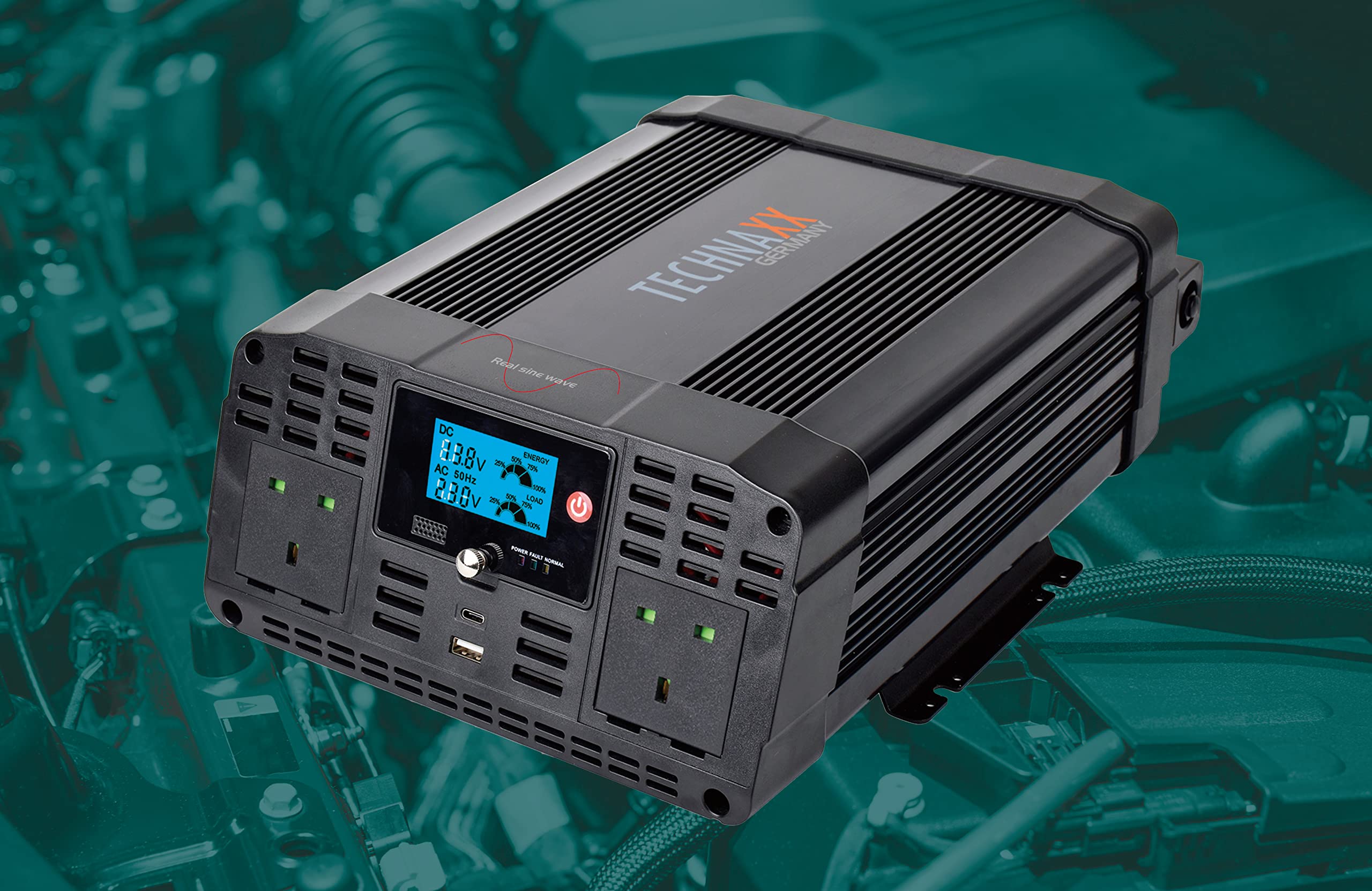 Technaxx Off-Grid Pure Sine Wave Car Power Inverter TE22 – 2000W/4000W Peak – 12V to 230V Converter with LCD, 2x UK Plugs, USB-A QC 3.0 & USB-C – TÜV Certified – Ideal for Camping & Travel