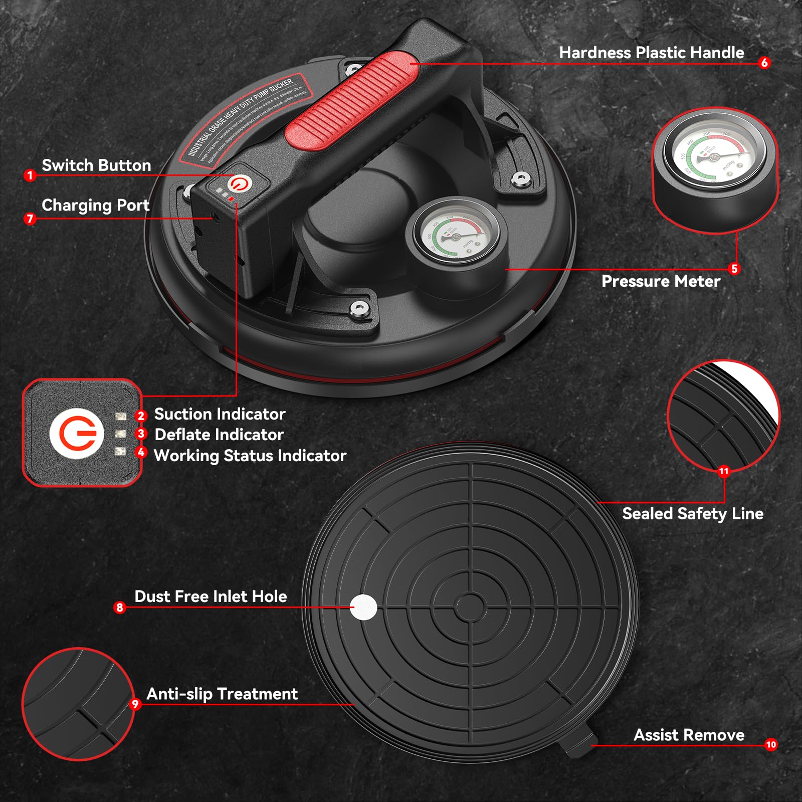 Avhrit 8 Inch Electric Vacuum Suction Cup, Glass Suction Cups Heavy Duty for Lifting Large Glass, 500lbs Load Capacity, Rechargeable Glass Lifter for Windshield, Window, Granite, Tile (Two Pack