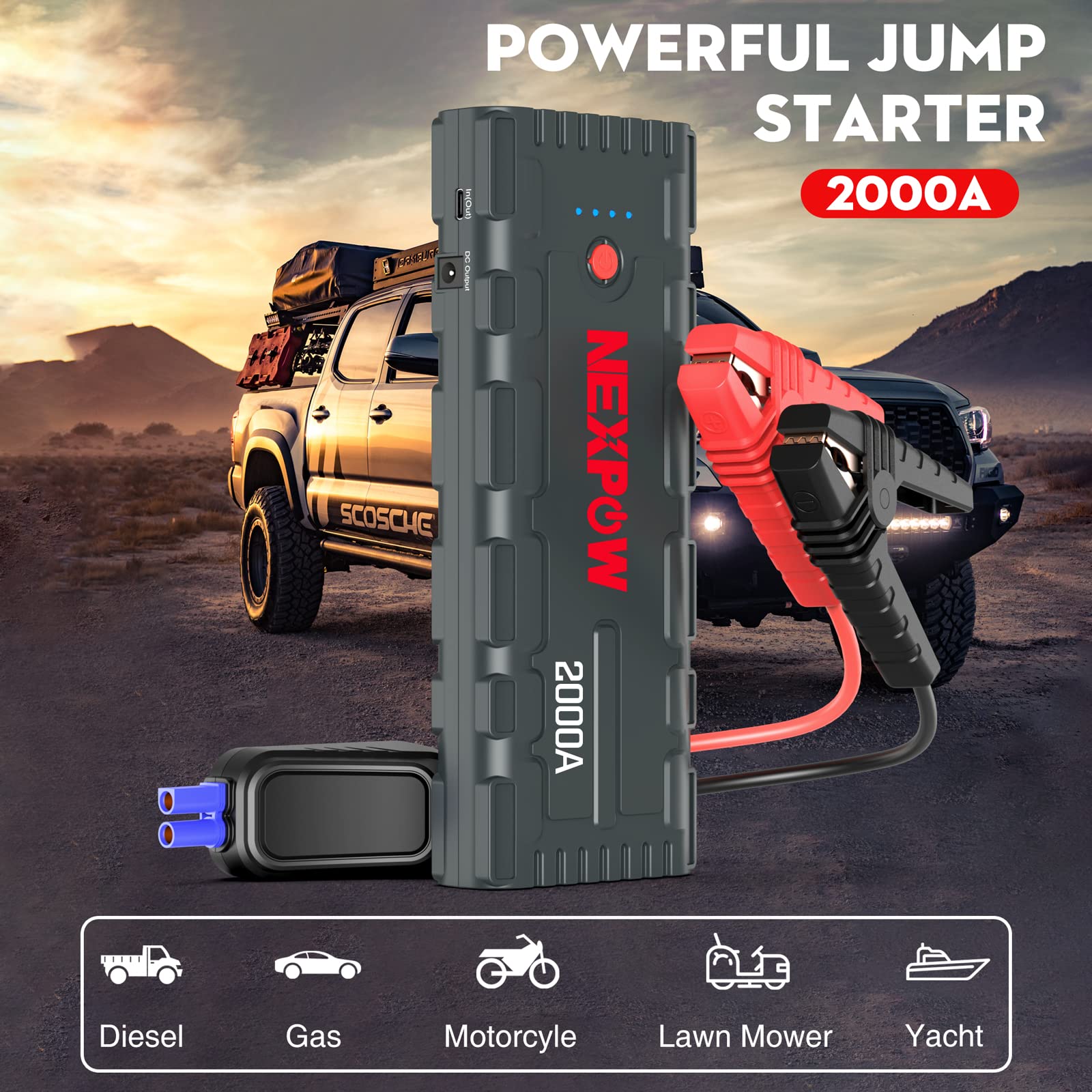 NEXPOW Car Jump Starter, 2000A Peak 12V Portable Car Battery Starter, Auto Battery Booster, Lithium Jump Box with LED Light/USB Quick Charge 3.0