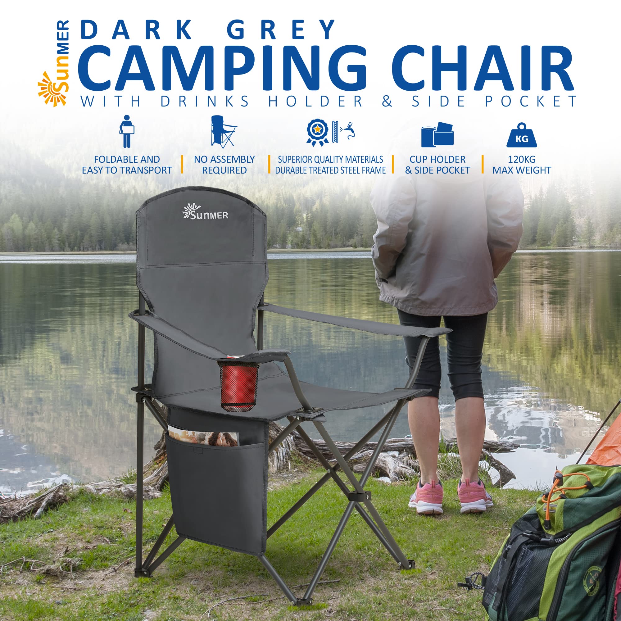 SUNMER Set of 2 Folding Camping Chairs, Extra-Wide Lightweight Outdoor Chairs with Armrests, Cup Holder and a Side Pocket, 120kg Capacity per Chair - Black