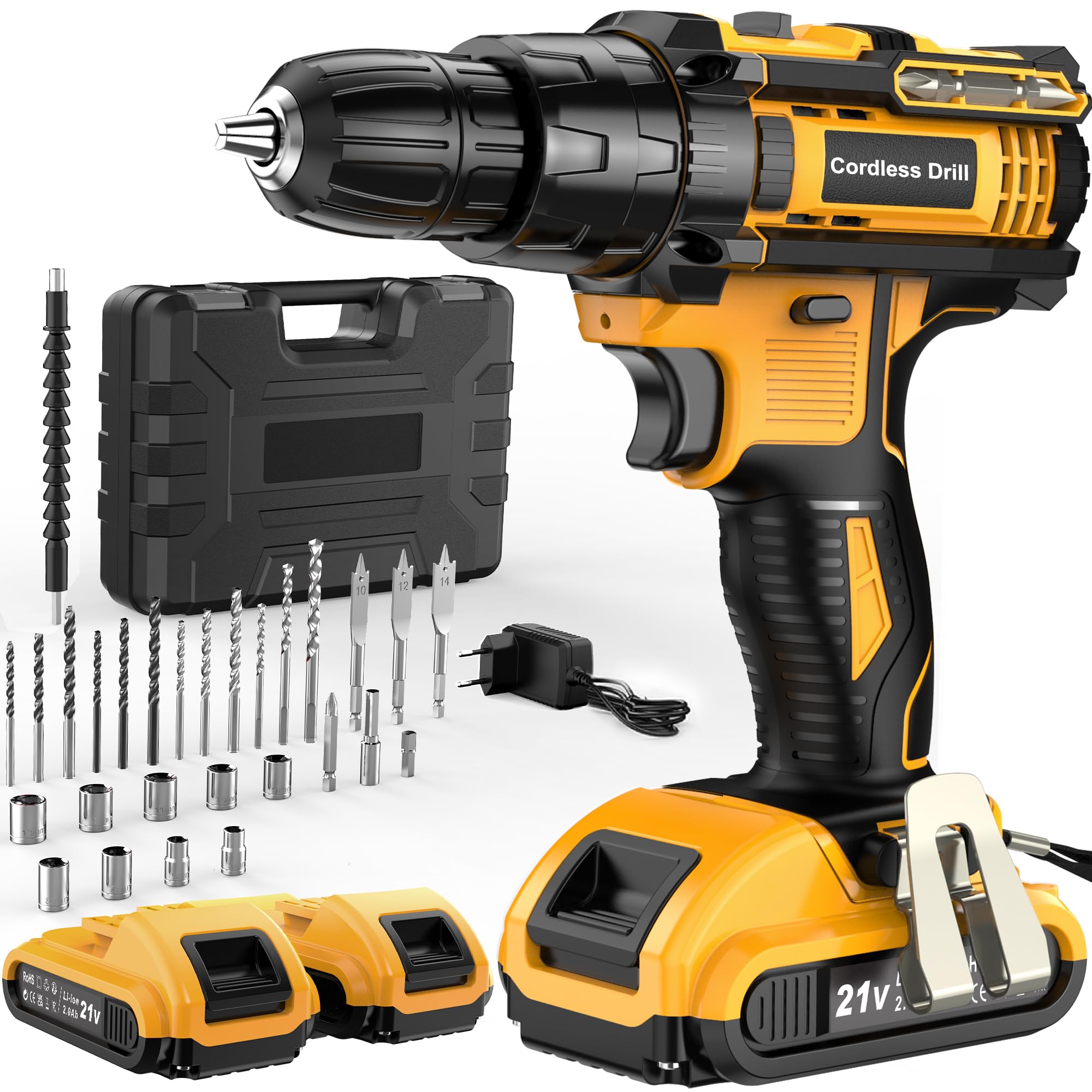 JYGMPRO Cordless Drill Driver 21V, Cordless Hammer Drill with 2 Batteries 2000mAh, 25+3 Torque, 42N.m Max, 14PCS Drill Bits, 2 Speed, LED Light for Home and Garden DIY Project, Grey