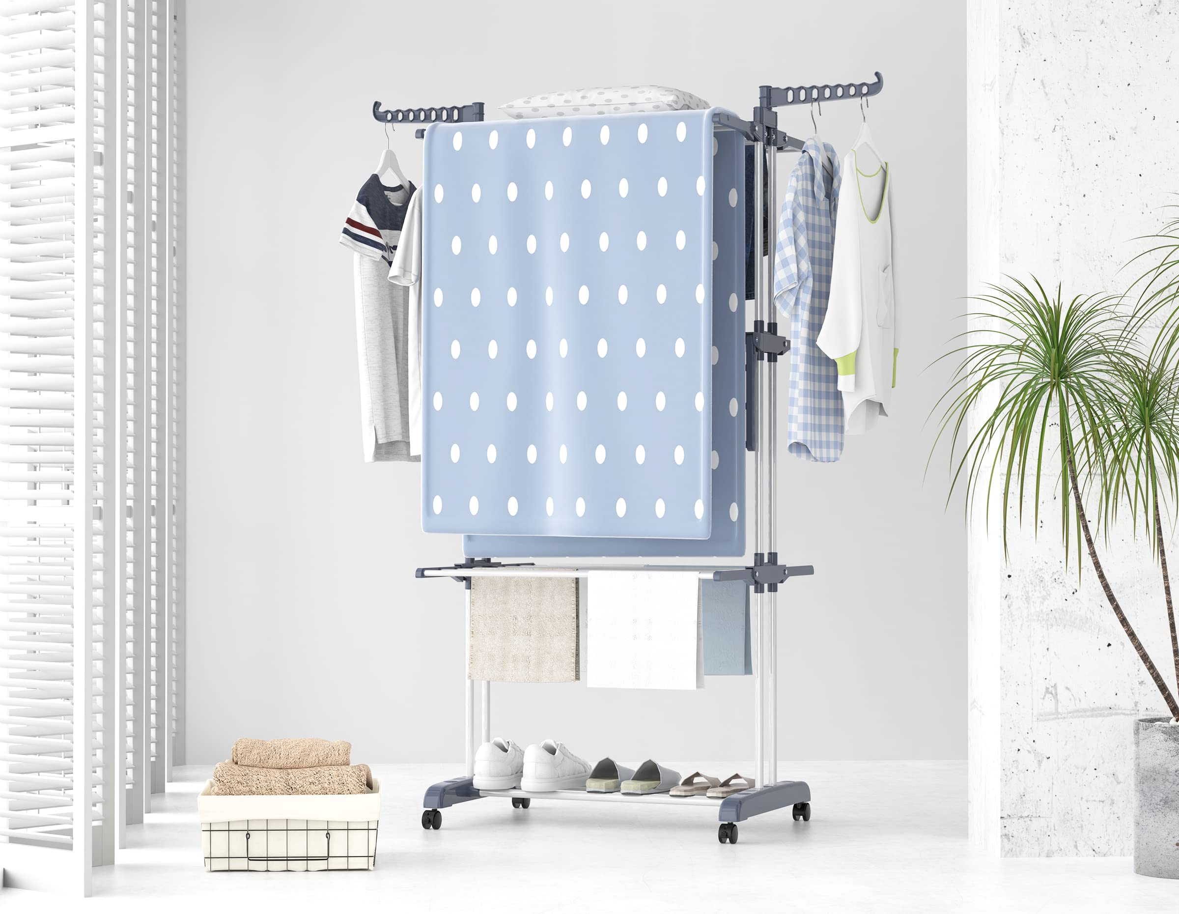 HOMIDEC Airer Clothes Drying Rack,4-Tier Foldable Clothes Hanger Adjustable Large Stainless Steel Garment Laundry Racks for Indoor Outdoor