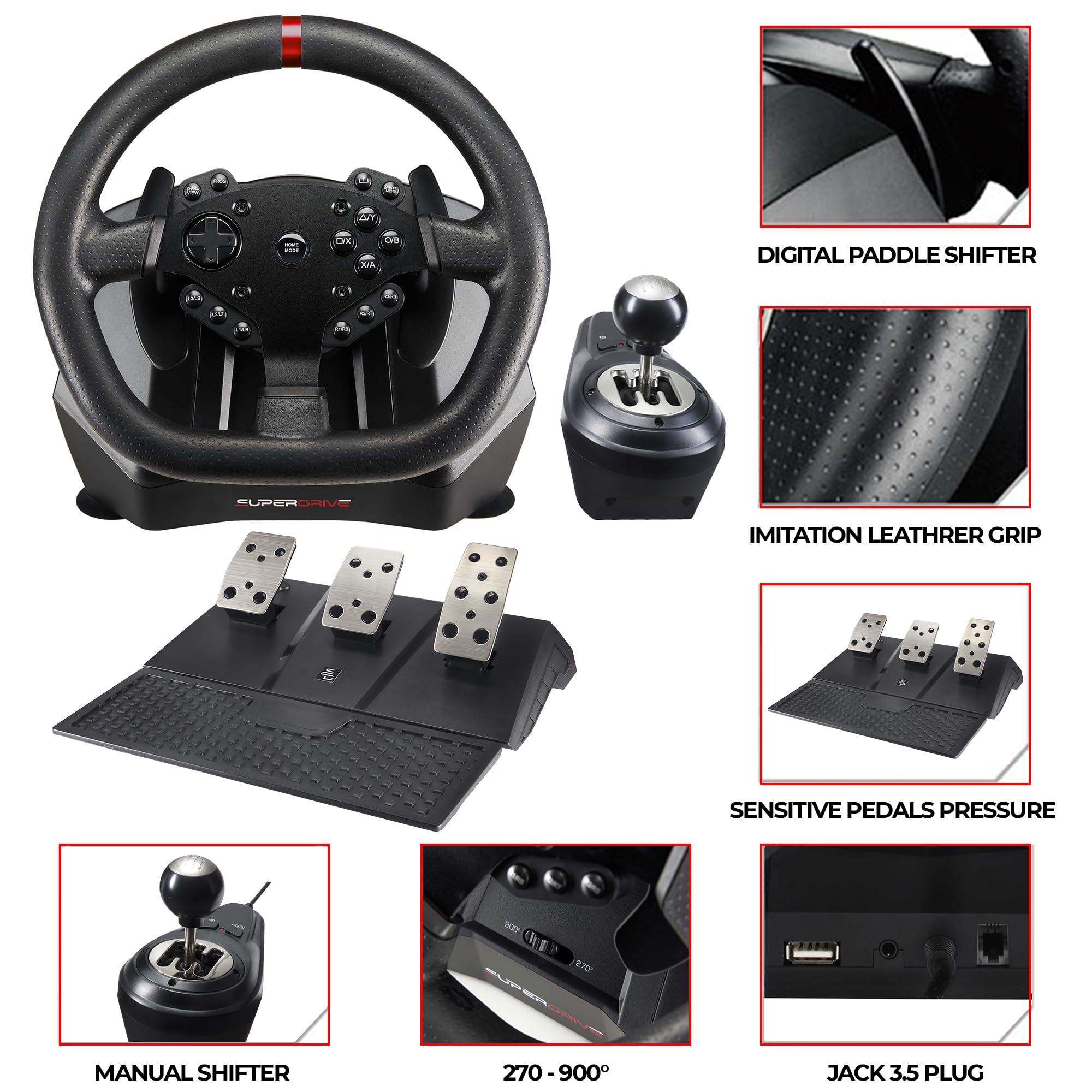 Subsonic Superdrive GS650X racing wheel with manual shifter, 3 pedals, and paddle shifters for Xbox Serie X/S, PS4, Xbox One (programmable)