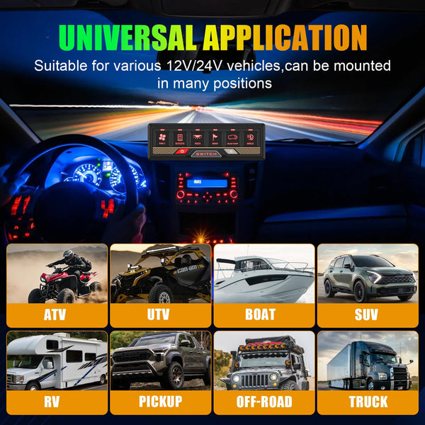 Chelhead RGB 6 Gang Switch Panel with APP Control, Universal Circuit Control Relay System, Multi-Function Bluetooth Remote Switch Panel, Compatible with Truck Boat SUV RV Trailer Marine ATV UTV