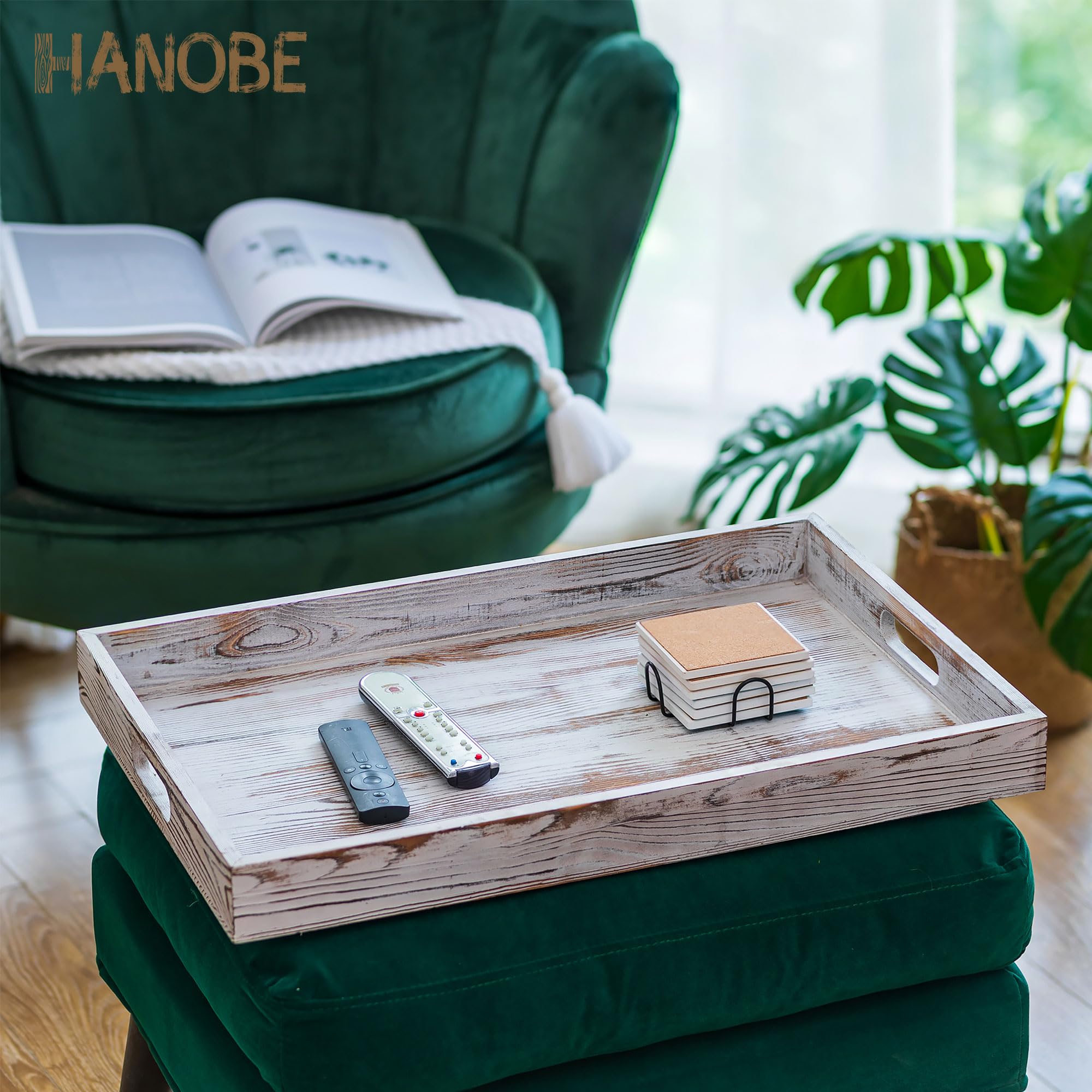 Hanobe Large Serving Ottoman Tray: Extra Large Wood Serving Tray with Handles Rustic White Decorative Coffee Table Trays Farmhouse Home Decor for