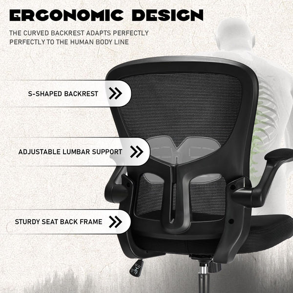 Durrafy Office Chair Ergonomic, Desk With 90 Flip-up Armrests and Lumbar Support, Mid Back Office Desk Chair, Height-Adjustable, Mesh Swivel Chair