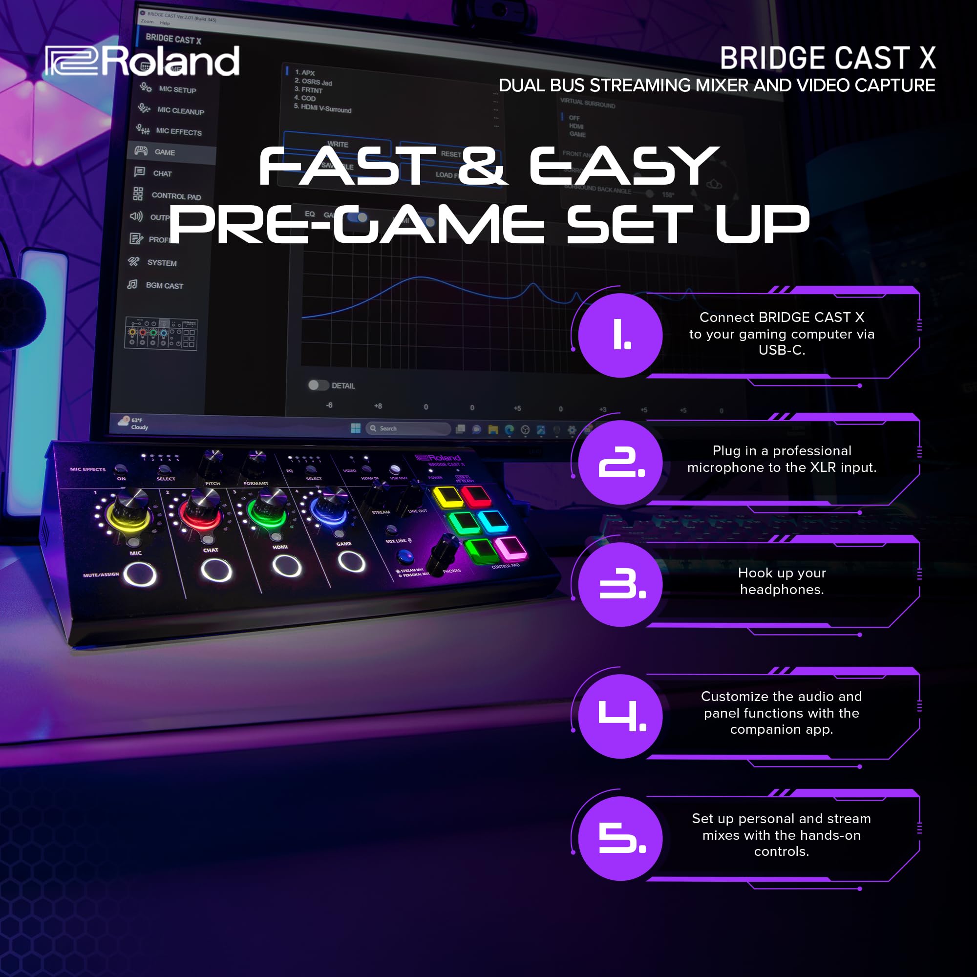 Roland BRIDGE CAST ONE Dual Bus Streaming Mixer Compact Audio Streaming Mixer For Online Gamers & Content Creators 32-Bit Hardware DSP USB-C Windows and Mac Connectivity XLR Mic Support