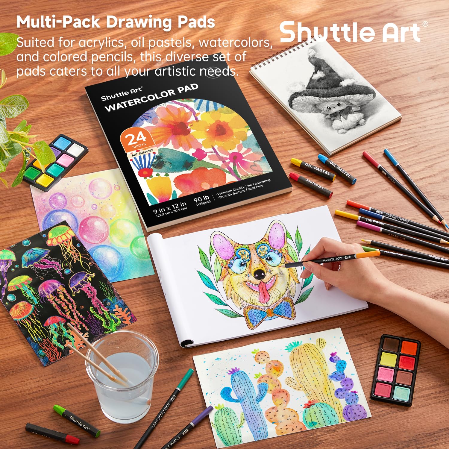 Shuttle Art 118 Piece Deluxe Art Set, Art Supplies in Wooden Case, Painting Drawing Art Kit with Acrylic Paint Pencils Oil Pastels Watercolour Cakes