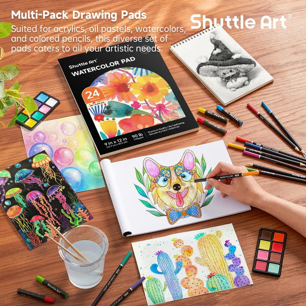 Shuttle Art 118 Piece Deluxe Art Set, Art Supplies in Wooden Case, Painting Drawing Art Kit with Acrylic Paint Pencils Oil Pastels Watercolour Cakes