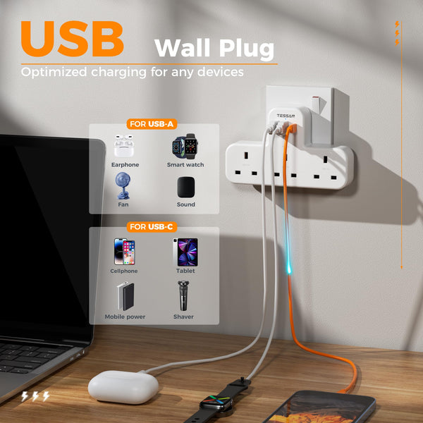 Plug Adapter, TESSAN Plug Extension Socket with 3 USB, 3 Way UK Multi Outlets Extender, Wall Charger for School Home, Kitchen, Office, School Supplies