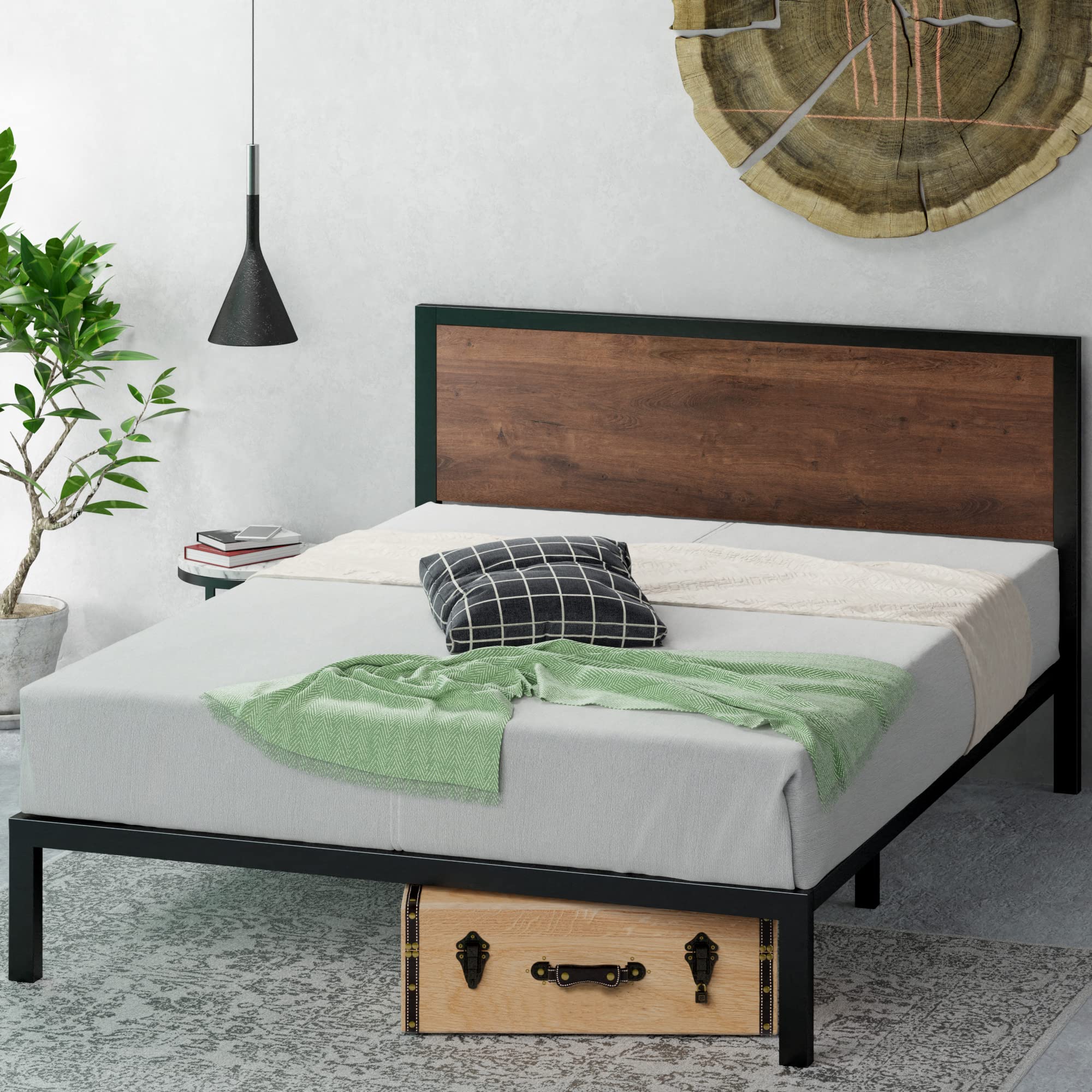 Zinus Mory Single Bed frame - Bed 90x190 cm - 30 cm Height - Metal and Wood Platform Bed frame with Wood slat support - Brown and Black