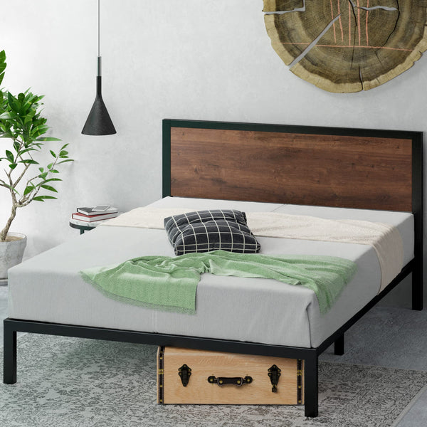 Zinus Mory Single Bed frame - Bed 90x190 cm - 30 cm Height - Metal and Wood Platform Bed frame with Wood slat support - Brown and Black