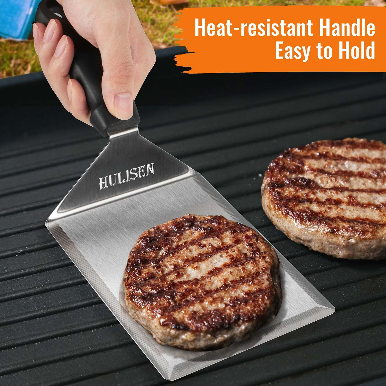 HULISEN Stainless Steel Griddle Spatula, 5" Wide Burger Spatula - Heavy Duty Hamburger Turner for Grilling Barbecue Flat Top Grill, 12 Inch Long, Dishwasher Safe