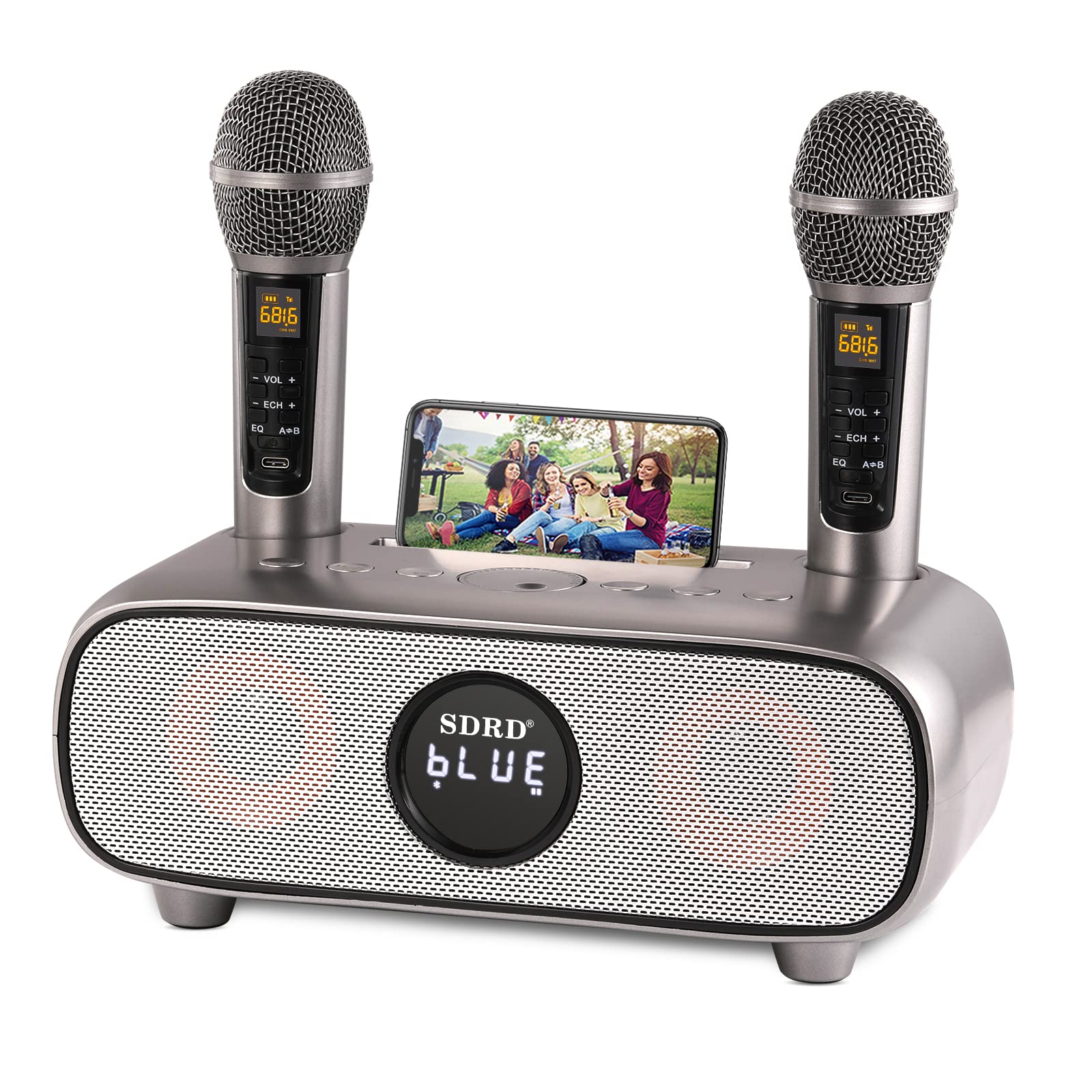 Upgrade Karaoke Machine for Adults and Kids,Portable Bluetooth 2 UHF Wireless Karaoke Microphone with Holder/USB/TF Card/AUX-in,PA Speaker System for Home Party, Picnic,Car,Outdoor/Indoor-Grey