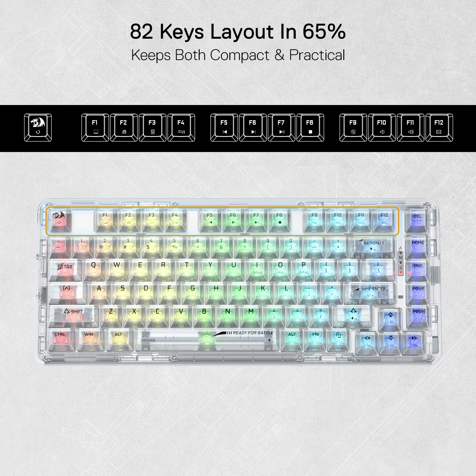 Redragon K649 PRO 78% Wireless Gasket RGB Gaming Keyboard, 3-Modes 82 Keys Full-Transparent Hot-Swap Compact Mechanical Keyboard w/Upgraded Socket, Sound Absorbing Foams, Translucent Custom Switch