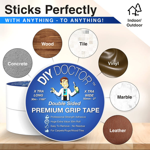 DIY Doctor Heavy Duty Double Sided Carpet Tape – 20m long x 21mm wide, No Residue Extra Strong Sticky Rug Grip Adhesive Tape, Ideal for Home & Professional Use