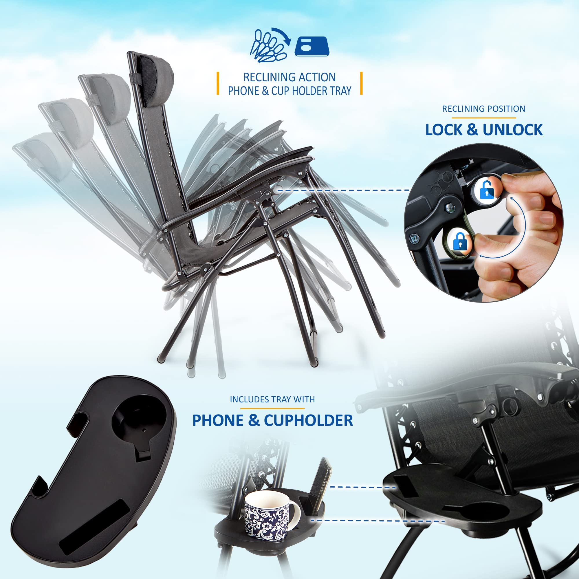 Set of 2 Sun Lounger Garden Chairs With Cup And Phone Holder | Adjustable Headrest Pillow | Deck Folding Recliner Zero Gravity Outdoor Chair - Black