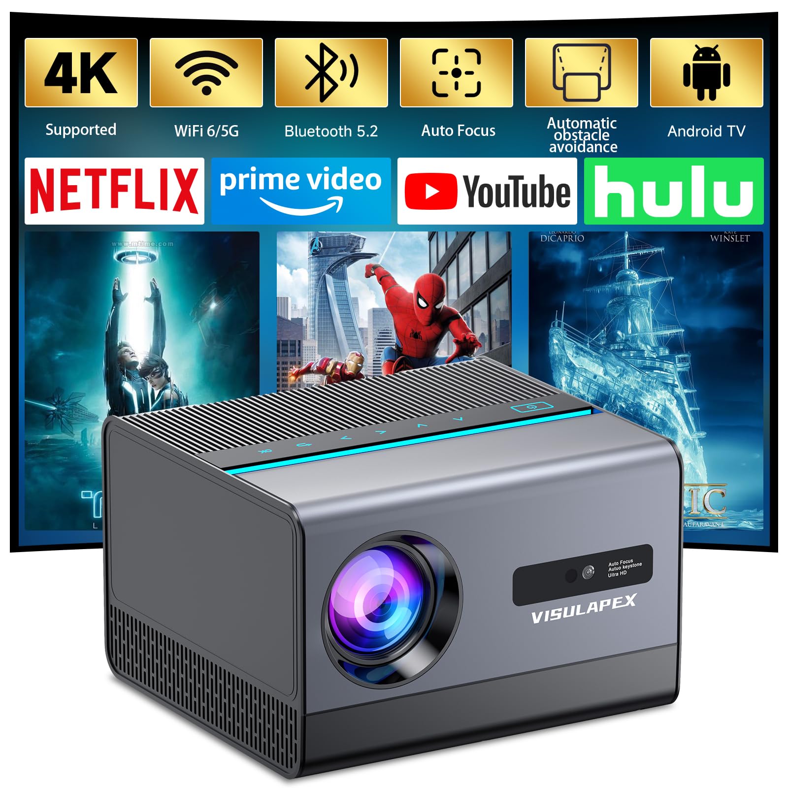 [360°Adjustable Stand] Mini Projector with WiFi and Bluetooth: Electric Focus & Auto Keystone 1080p Supported, 15000L,Phone Projector - 2025 Upgraded Visulapex Portable Home Theater