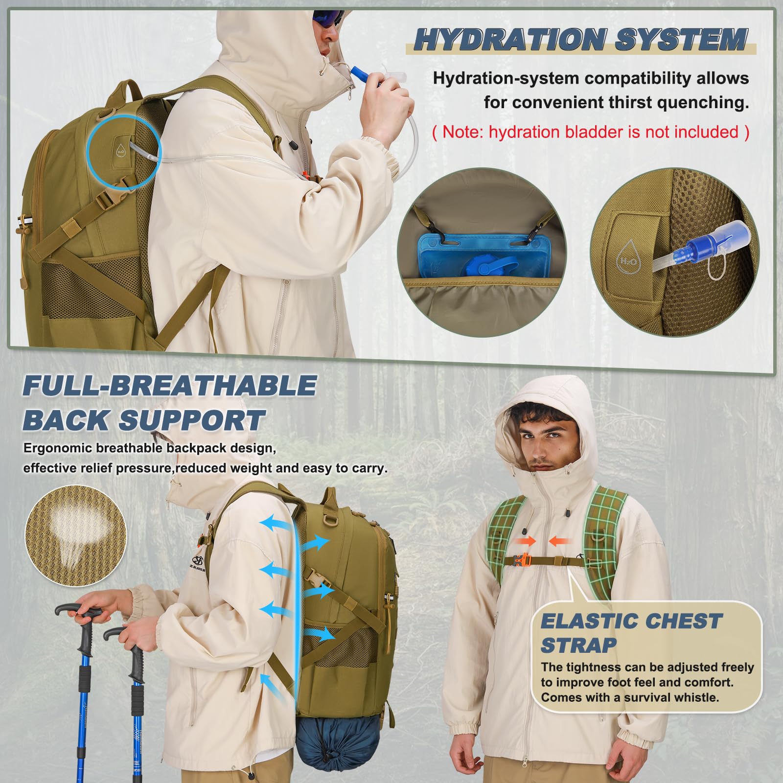 RAINSMORE Military Tactical Backpack Large Hiking Camping Rucksack 40L Water Resistant Molle Hunting Trekking Rucksack Black