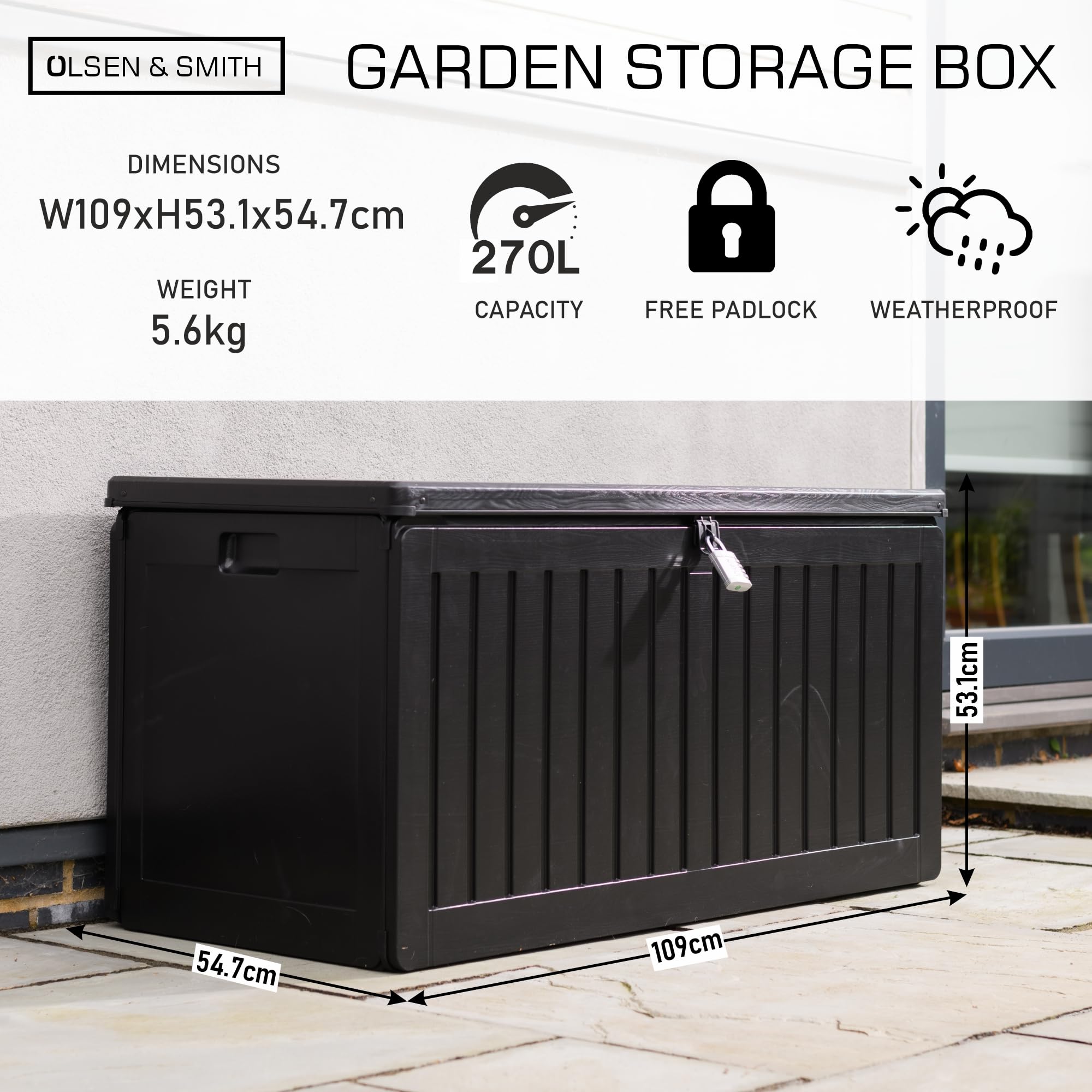 Olsen & Smith 680L Large Garden Storage Box - Weather Resistant Heavy Duty Garden Box with Padlock & Wood Effect - Huge Capacity Outdoor Storage Chest for Tools, Cushions, Toys & More (Anthracite)