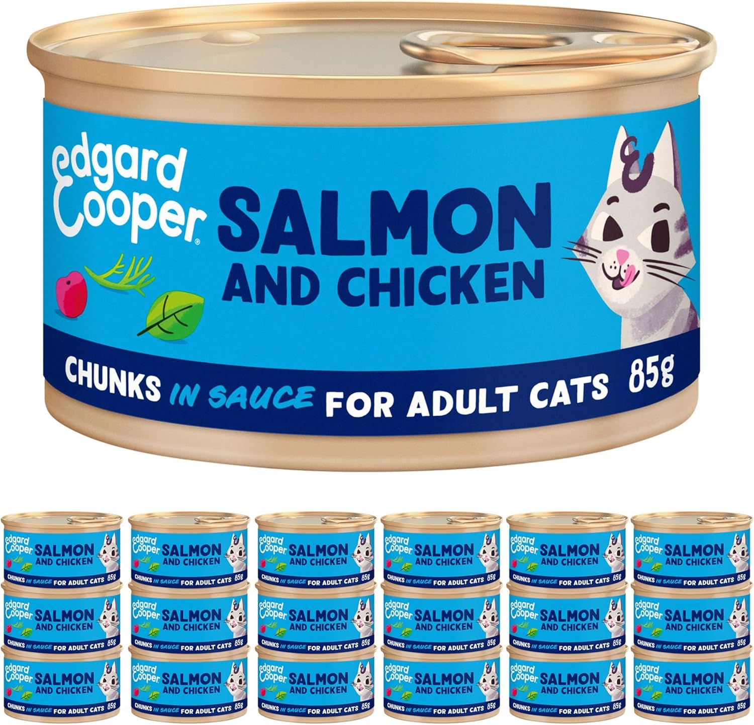 Grain Free Wet Cat Food in Gravy for Adult Cats (Salmon&Chicken 16 x 85g), Natural Cat Food in Chunks for Sterilized or Active Cats, No Added Sugar