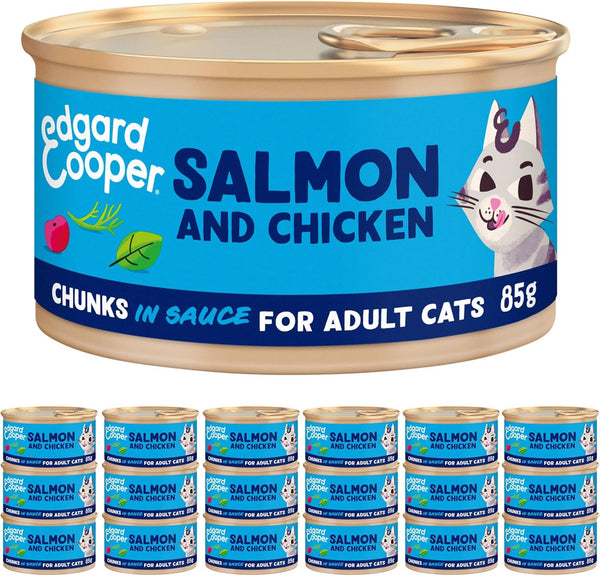 Grain Free Wet Cat Food in Gravy for Adult Cats (Salmon&Chicken 16 x 85g), Natural Cat Food in Chunks for Sterilized or Active Cats, No Added Sugar