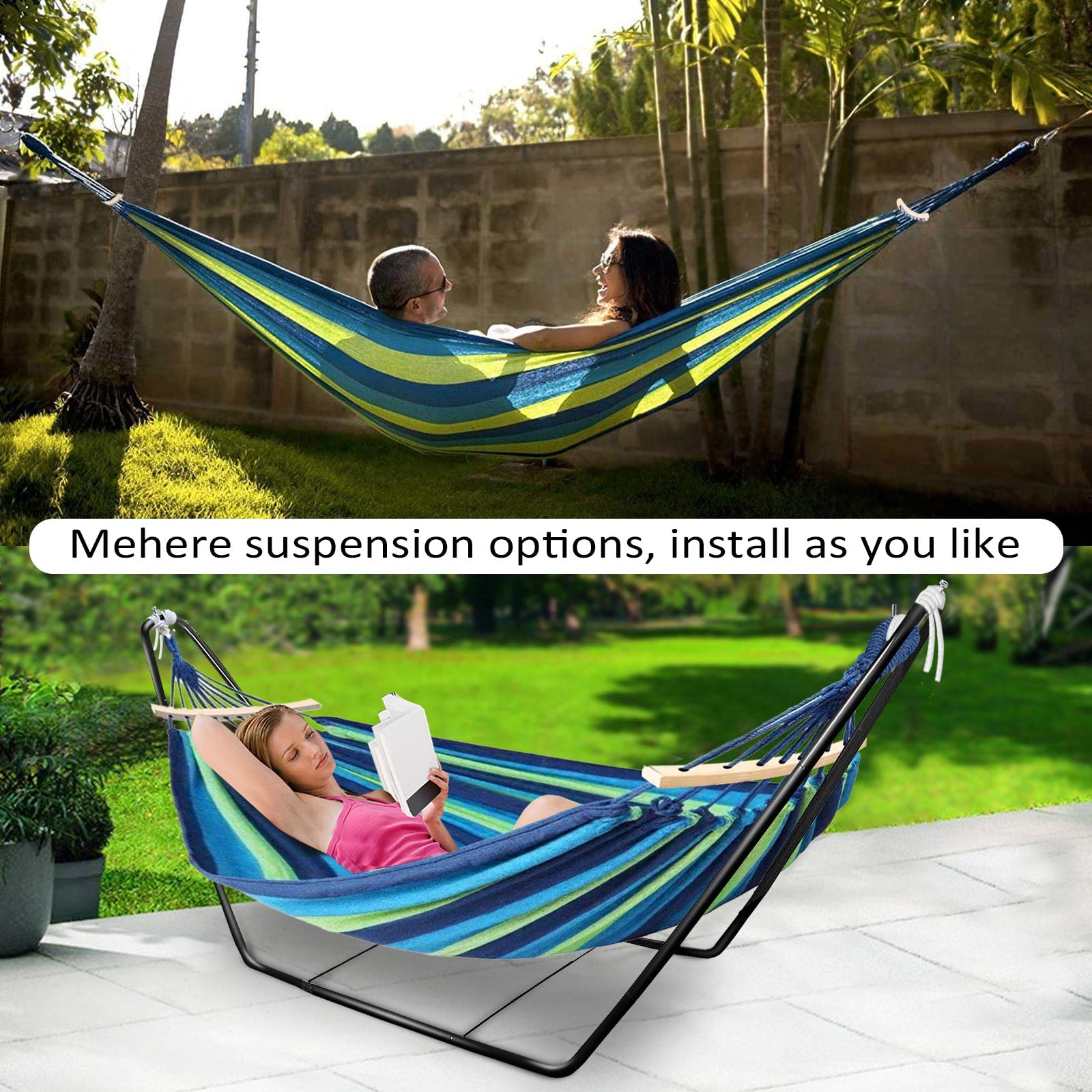 Hammock with Stand, Double Cotton Hammock with Spreader Bars, Space-Saving and Adjustable Steel Stand Perfect for Garden Camping Travel Backyard,