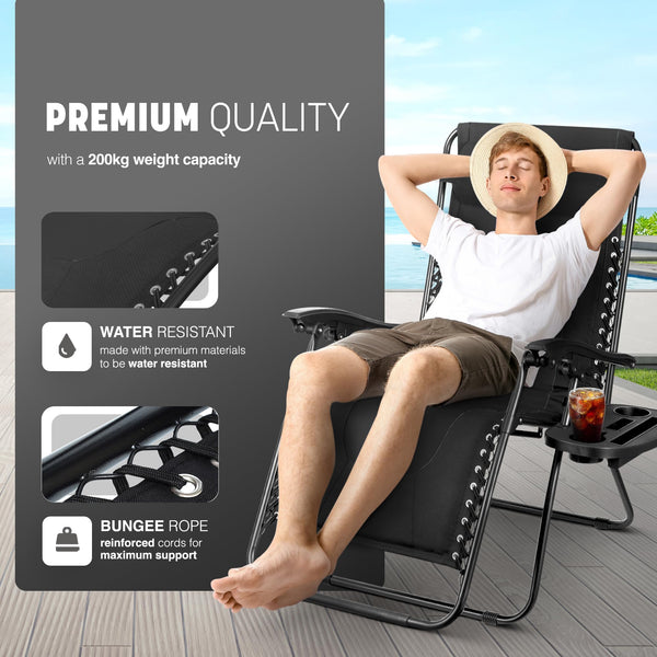 KEPLIN Set of 2 XXL Premium Heavy Duty Padded Zero Gravity Chairs - Luxurious Garden Recliners, Adjustable Headrest, Cup & Phone Holder, Foldable, Easy to Clean Patio Sun Loungers(Black)