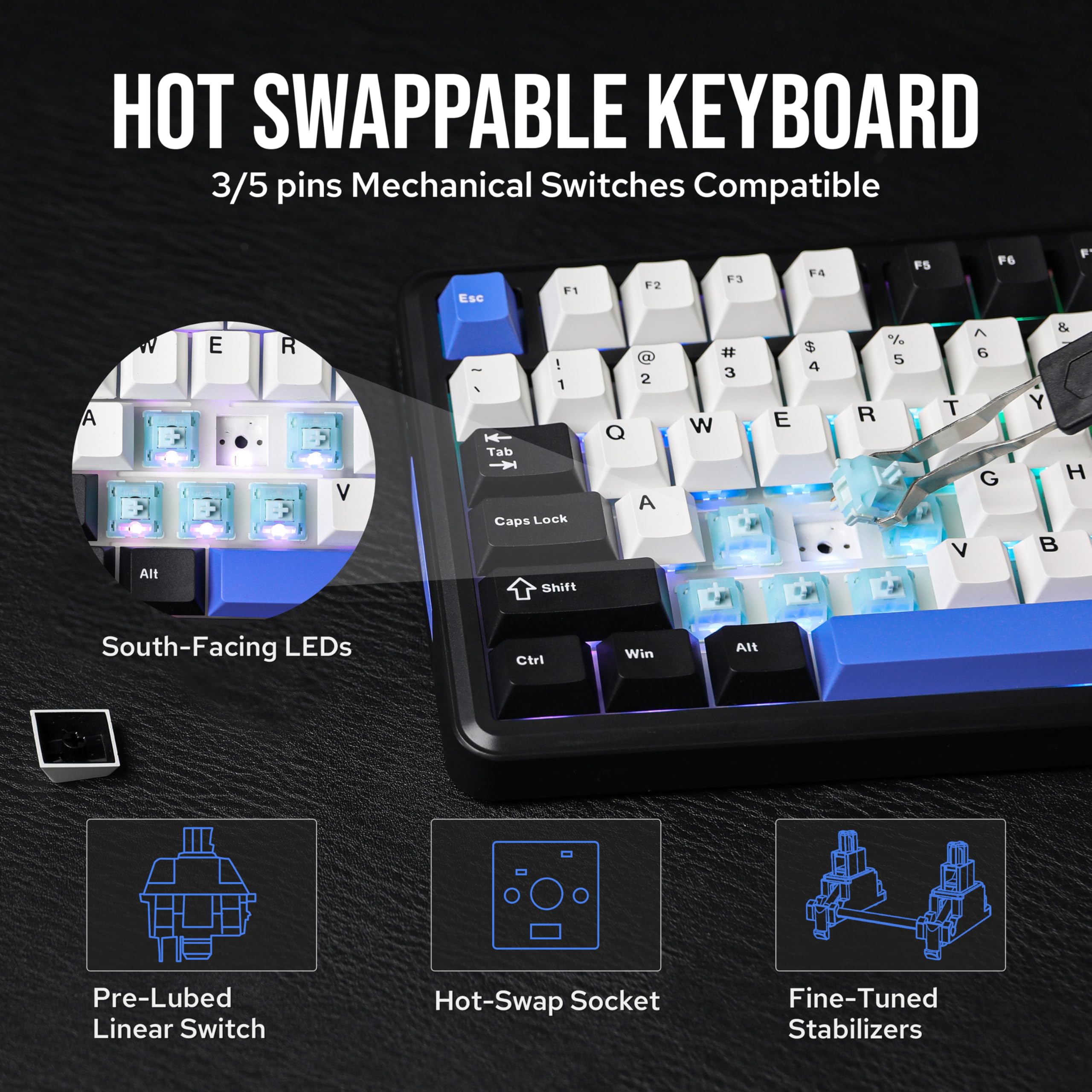 EPOMAKER TH85 QMK/VIA Mechanical Gaming Keyboard, BT/2.4Ghz Wireless, RGB, Hot-Swappable & Programmable Keys in US 75% Layout (Black&White, Creamy Jade Switch)