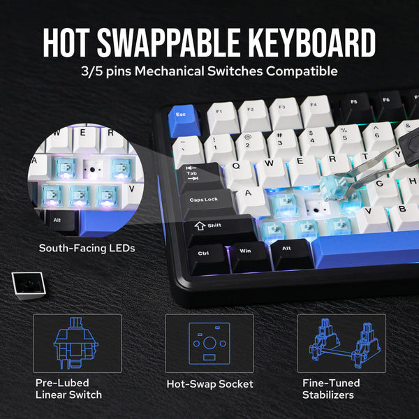 EPOMAKER TH85 QMK/VIA Mechanical Gaming Keyboard, BT/2.4Ghz Wireless, RGB, Hot-Swappable & Programmable Keys in US 75% Layout (Black&White, Creamy Jade Switch)