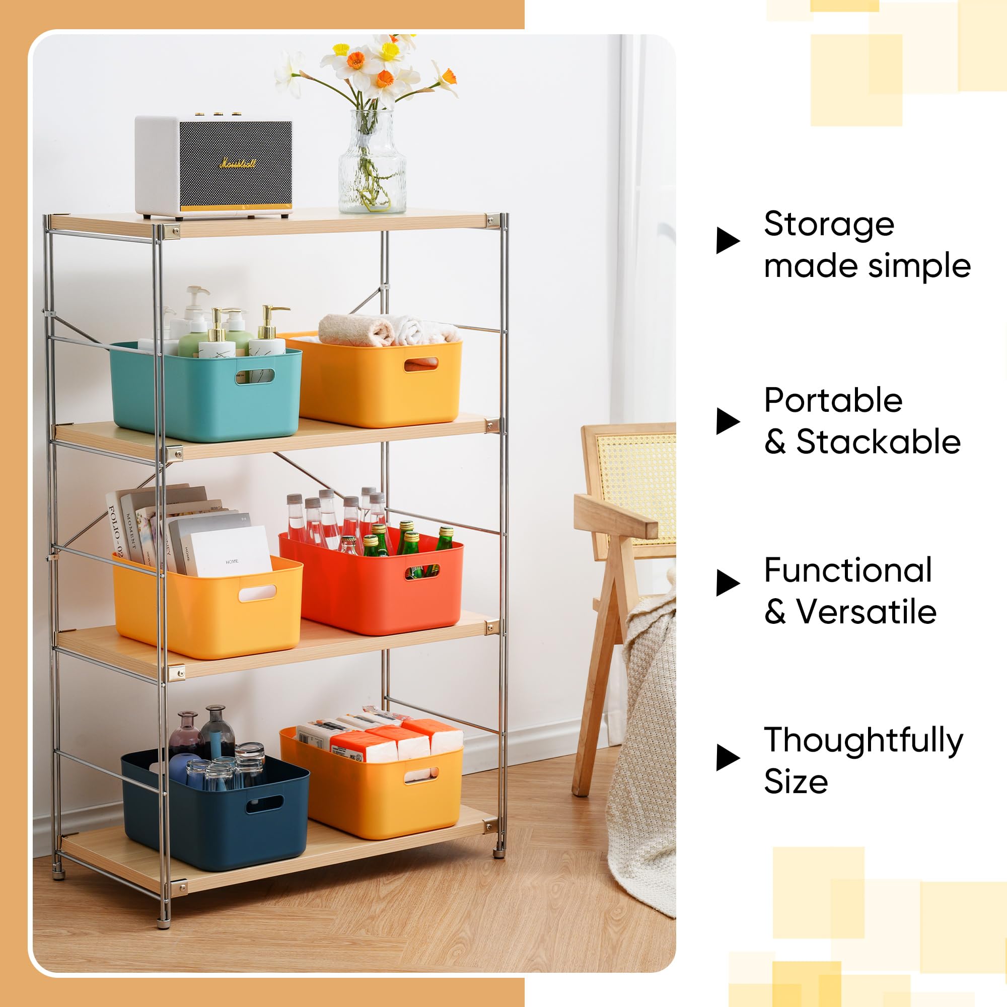 HapiLeap Storage Boxes With Lids, Stackable Plastic Storage Baskets for Shelves Kitchen Bathroom Playroom Classroom Office Nursery (Medium (4 PCS))