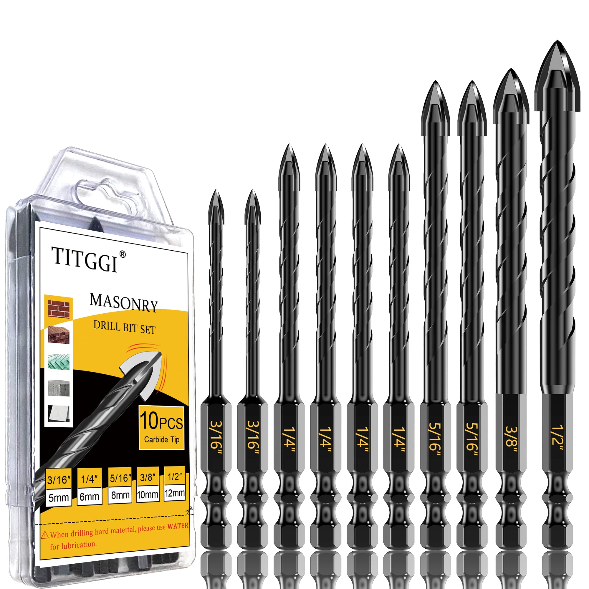 Masonry Drill Bit, Professional Masonry Drill Bit Set (10PCS) for Concrete/Glass/Brick/Cement/Tile/Wood/Etc, Industrial Strength Carbide Drill Bits Tip, 5/32"-1/2"