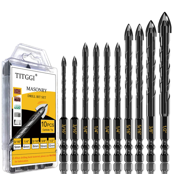 Masonry Drill Bit, Professional Masonry Drill Bit Set (10PCS) for Concrete/Glass/Brick/Cement/Tile/Wood/Etc, Industrial Strength Carbide Drill Bits Tip, 5/32"-1/2"