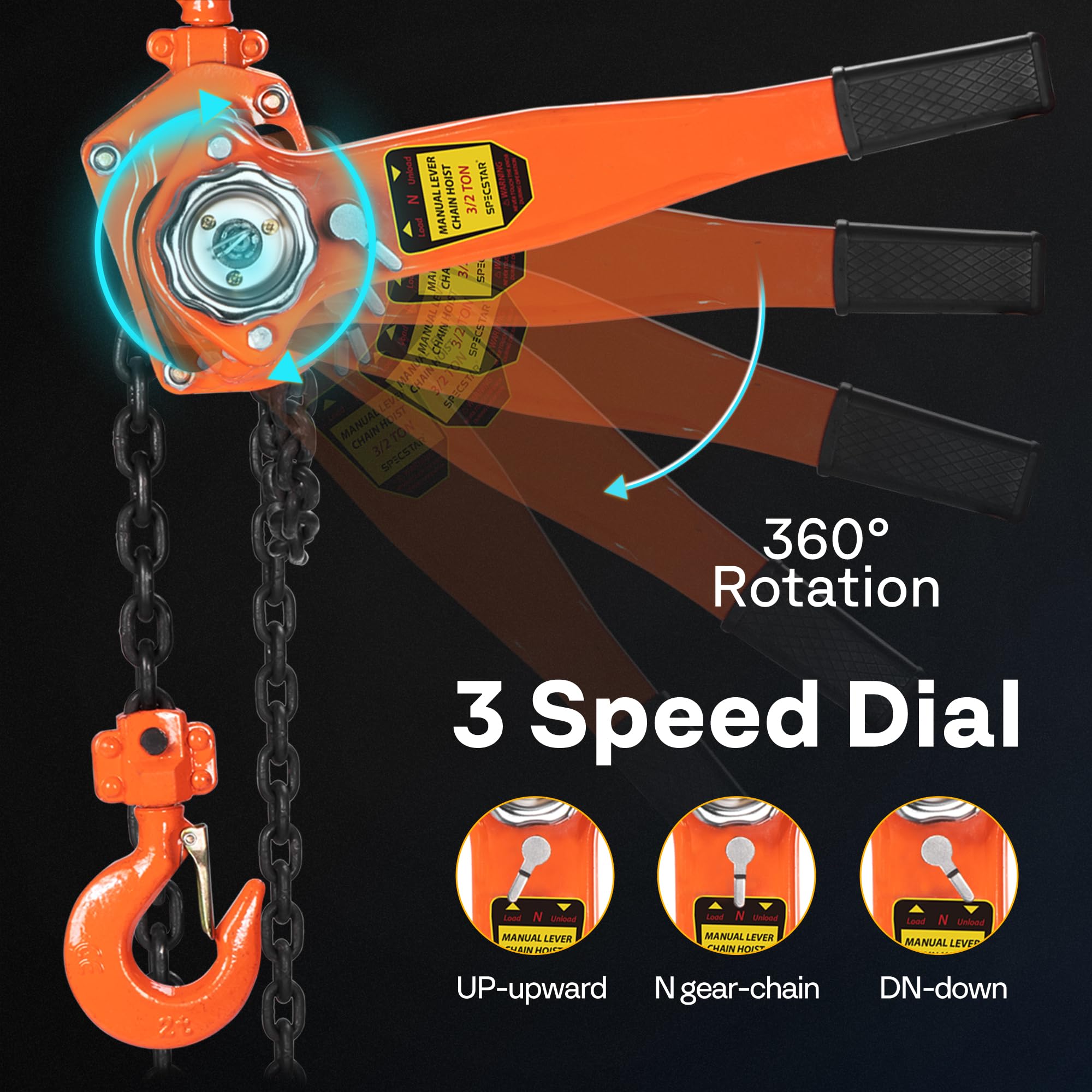 SPECSTAR Hand Chain Hoist 1250kg Capacity 3m with 2 Heavy Duty Hooks Manual Chain Fall for Warehouse Building Automotive Machinery