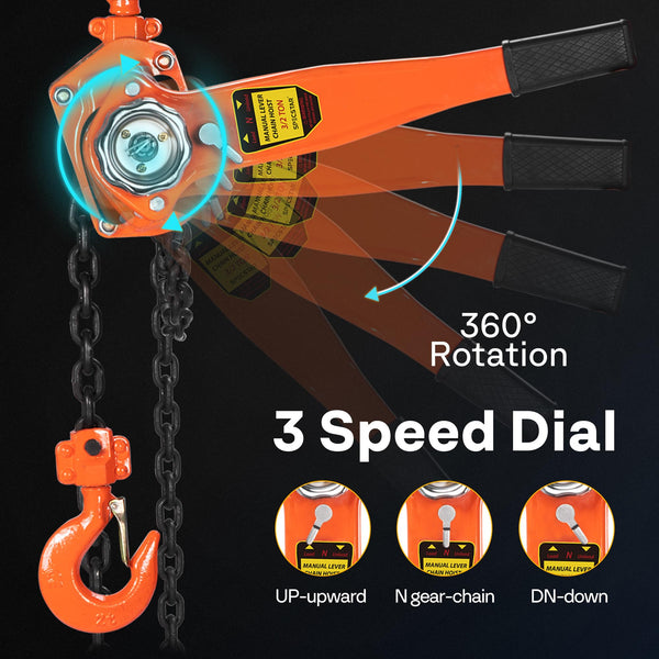 SPECSTAR Hand Chain Hoist 1250kg Capacity 3m with 2 Heavy Duty Hooks Manual Chain Fall for Warehouse Building Automotive Machinery