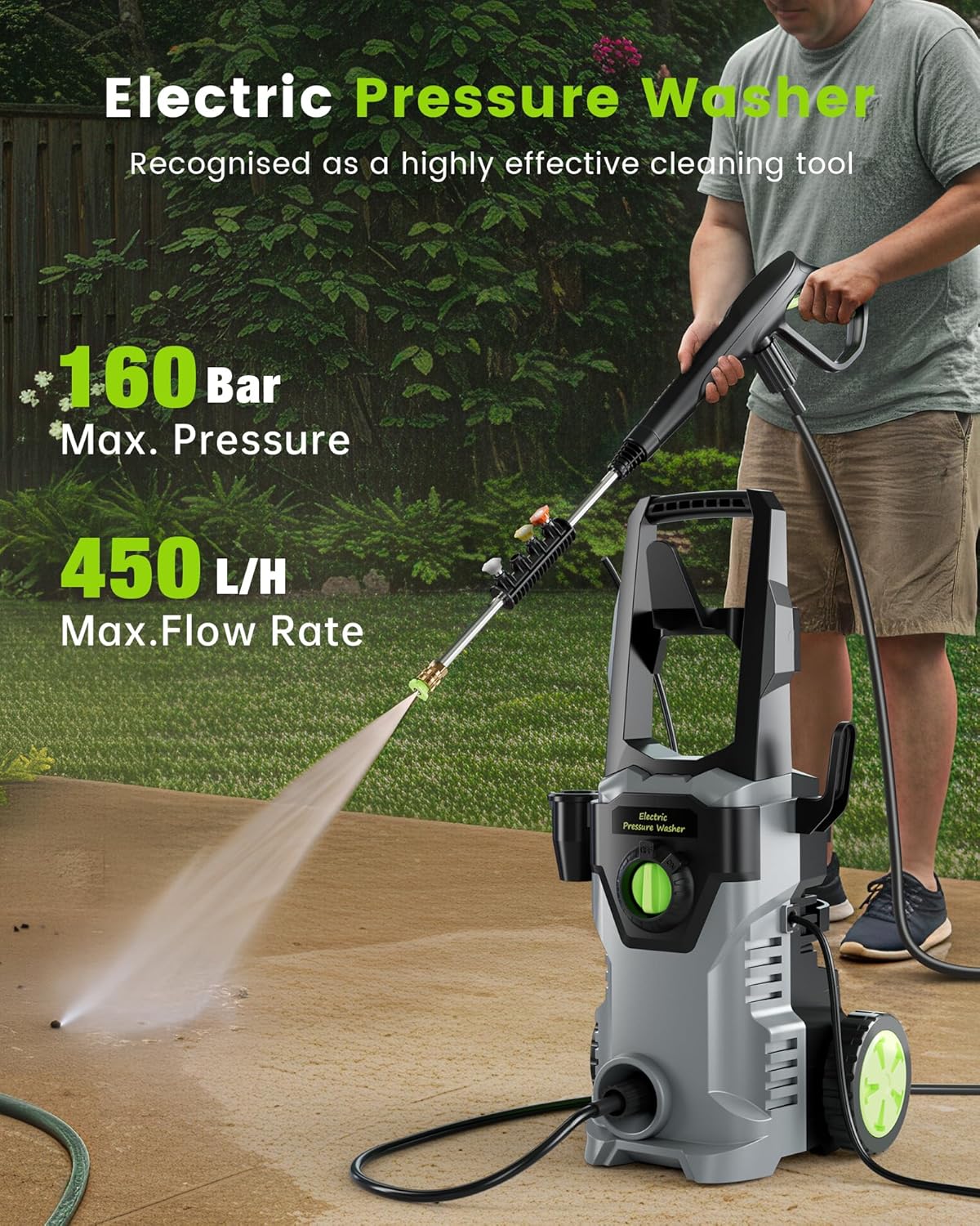 ETOOLAB Pressure Washers, 160Bar 450L/H Electric Power Washers with Foam Cannon, 4 Nozzles, 15M Total Long High Pressure Washer for Cars, Fences, Patios, Decks, Patios and Driveway