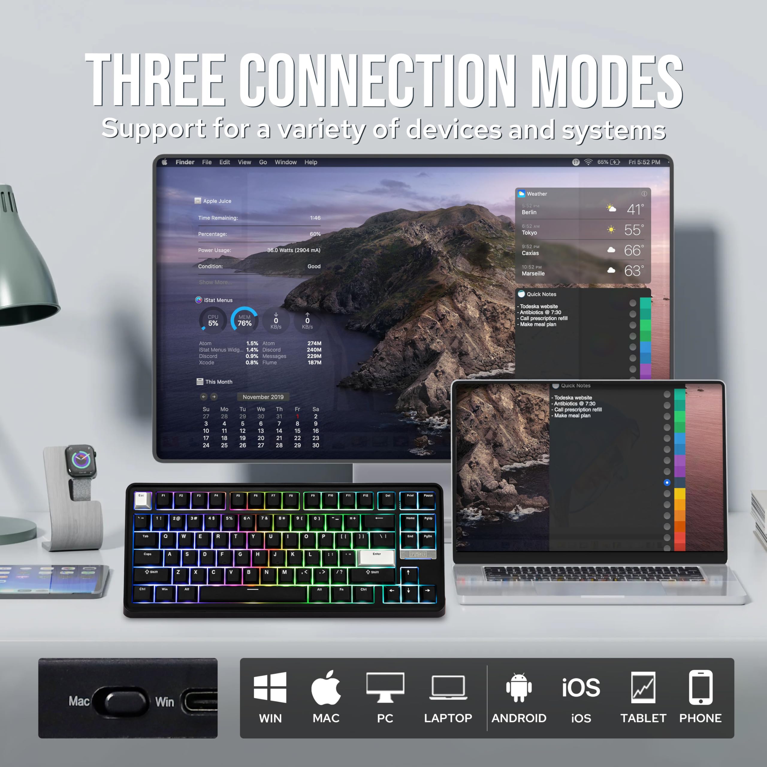 EPOMAKER TH85 QMK/VIA Mechanical Gaming Keyboard, BT/2.4Ghz Wireless, RGB, Hot-Swappable & Programmable Keys in US 75% Layout (Black&White, Creamy Jade Switch)